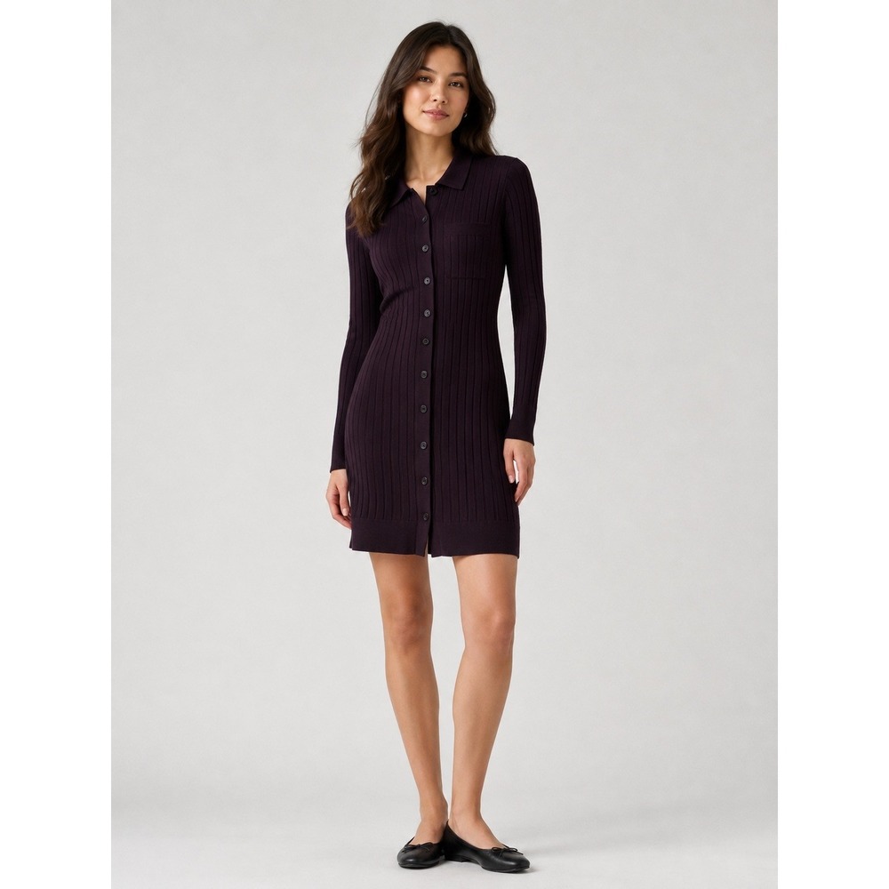 Uniqlo +J Jil Sander Wool Ribbed Polo Dress Plum Purple Button Front Small